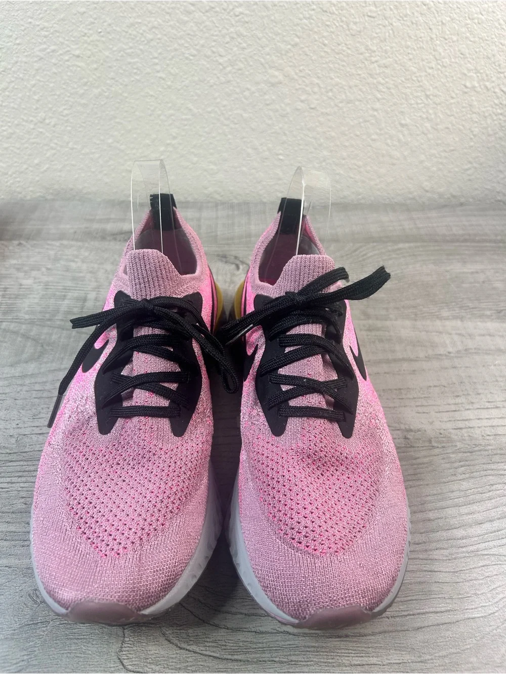 Nike women’s Epic React Flyknit 10.5Pink Black Running Sneakers with Yellow Heel